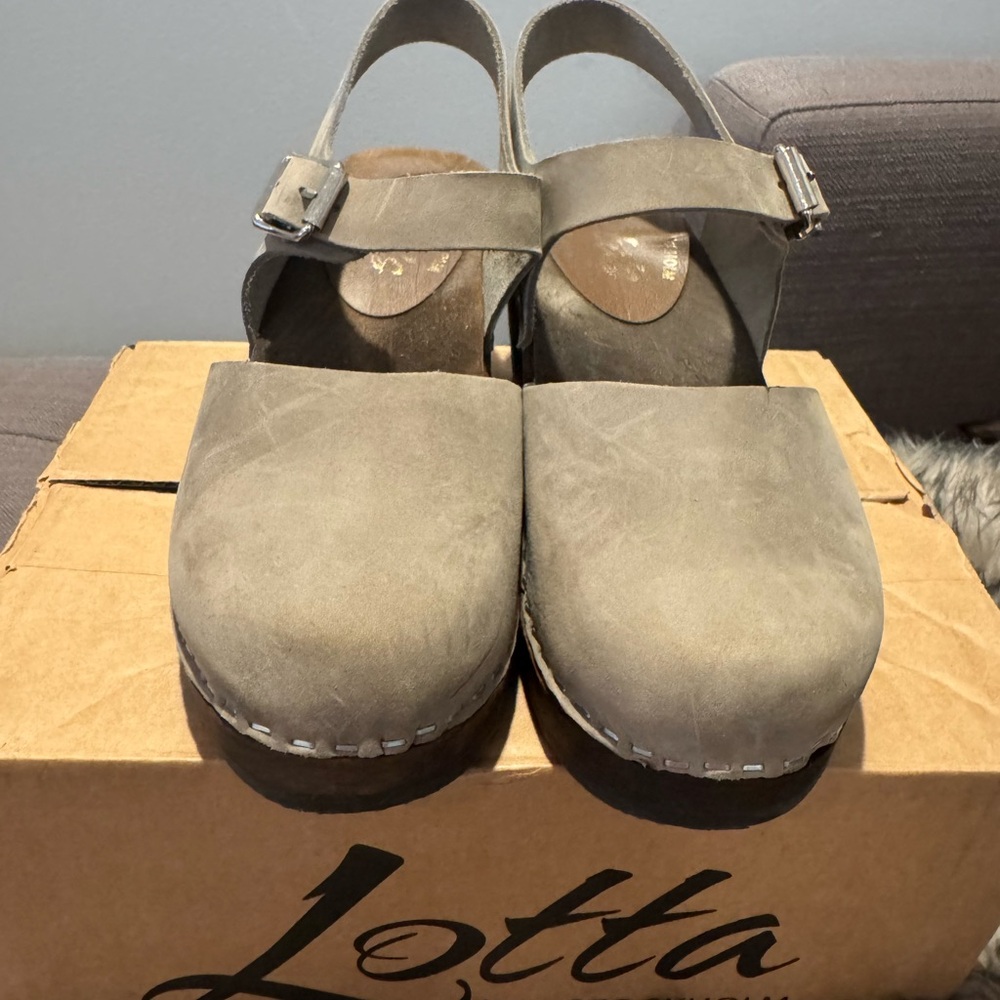 Lotta Stockholm platform clog wood Swedish 37 6 6.5 grey brown taupe worn 1x